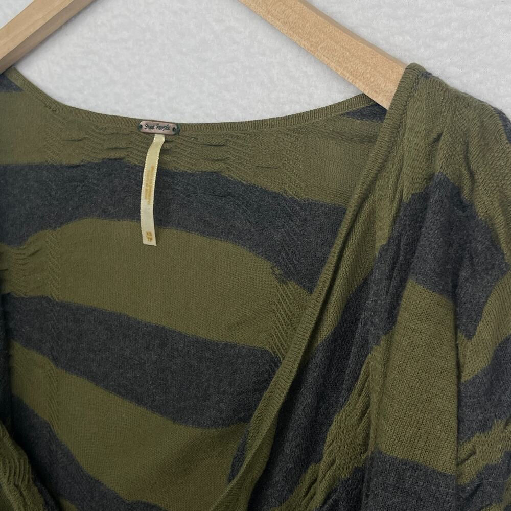 FREE PEOPLE Sweater XS Crumpled Striped Cardigan Slouchy Button Up Cotton Green - Picture 6 of 11